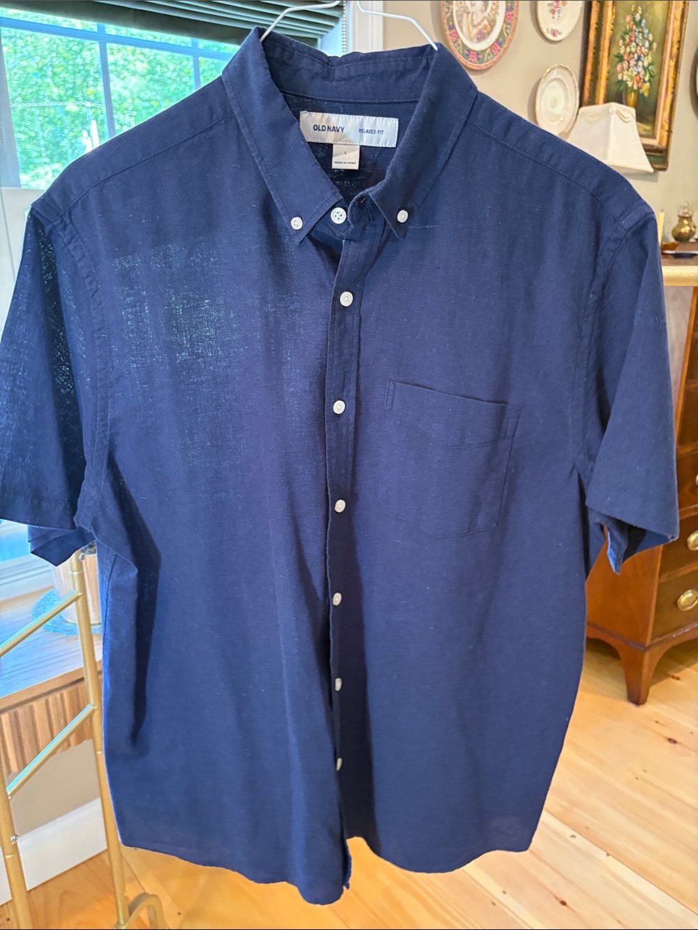 Old Navy Men's Navy Blue Short-Sleeve Button-Down Shirt